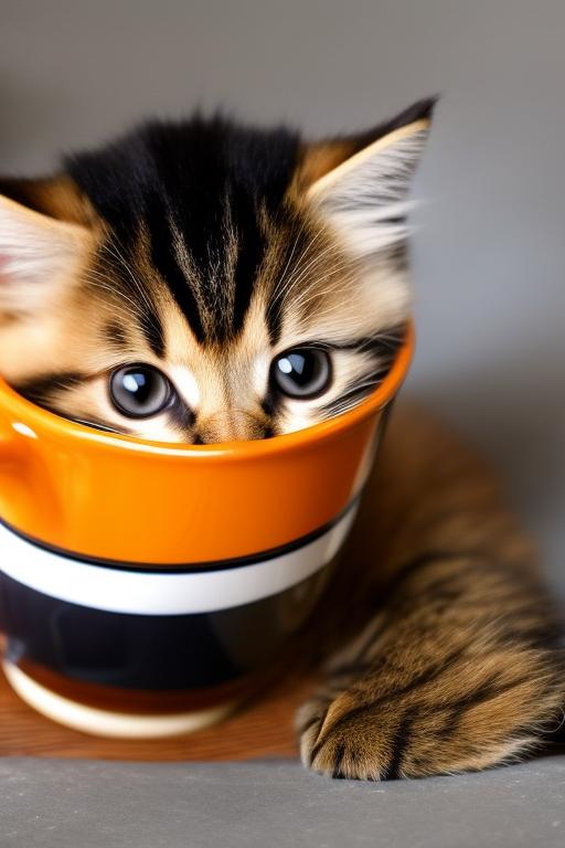 cute calico kitten sitting in a coffee cup